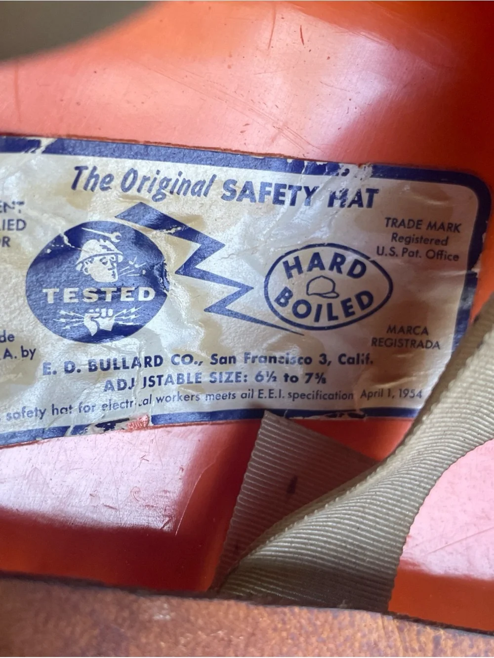 Vintage E.D. BULLARD Orange Fiberglass Hard Boiled Full Brim Hard Hat - PAC BELL